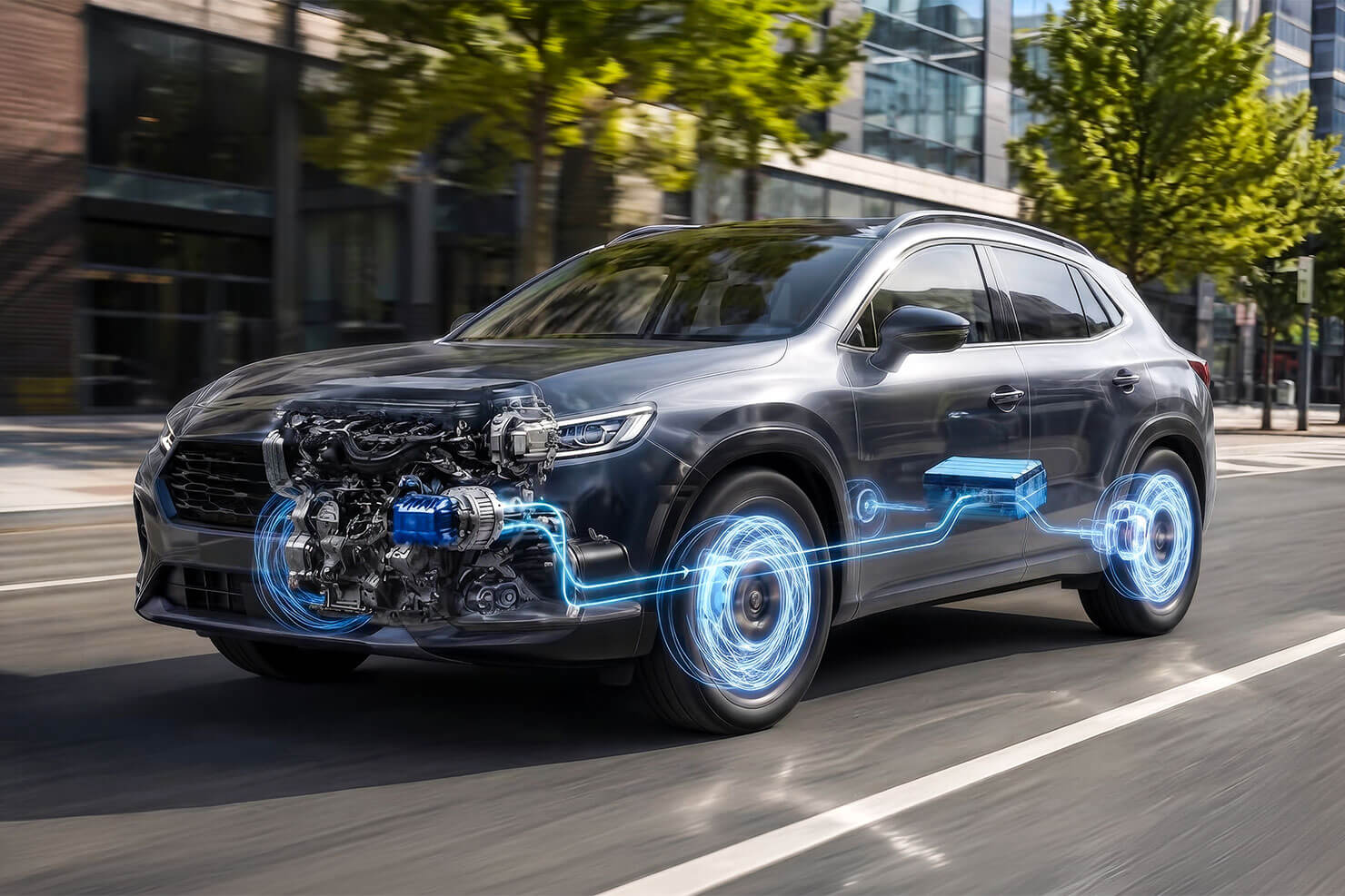 Une voiture de type « mild hybrid » circulant dans une rue en ville. L'illustration semi-transparente montre le groupe motopropulseur composé d'un moteur à combustion, d'un système 48 V et d'un système de récupération d'énergie au freinage.